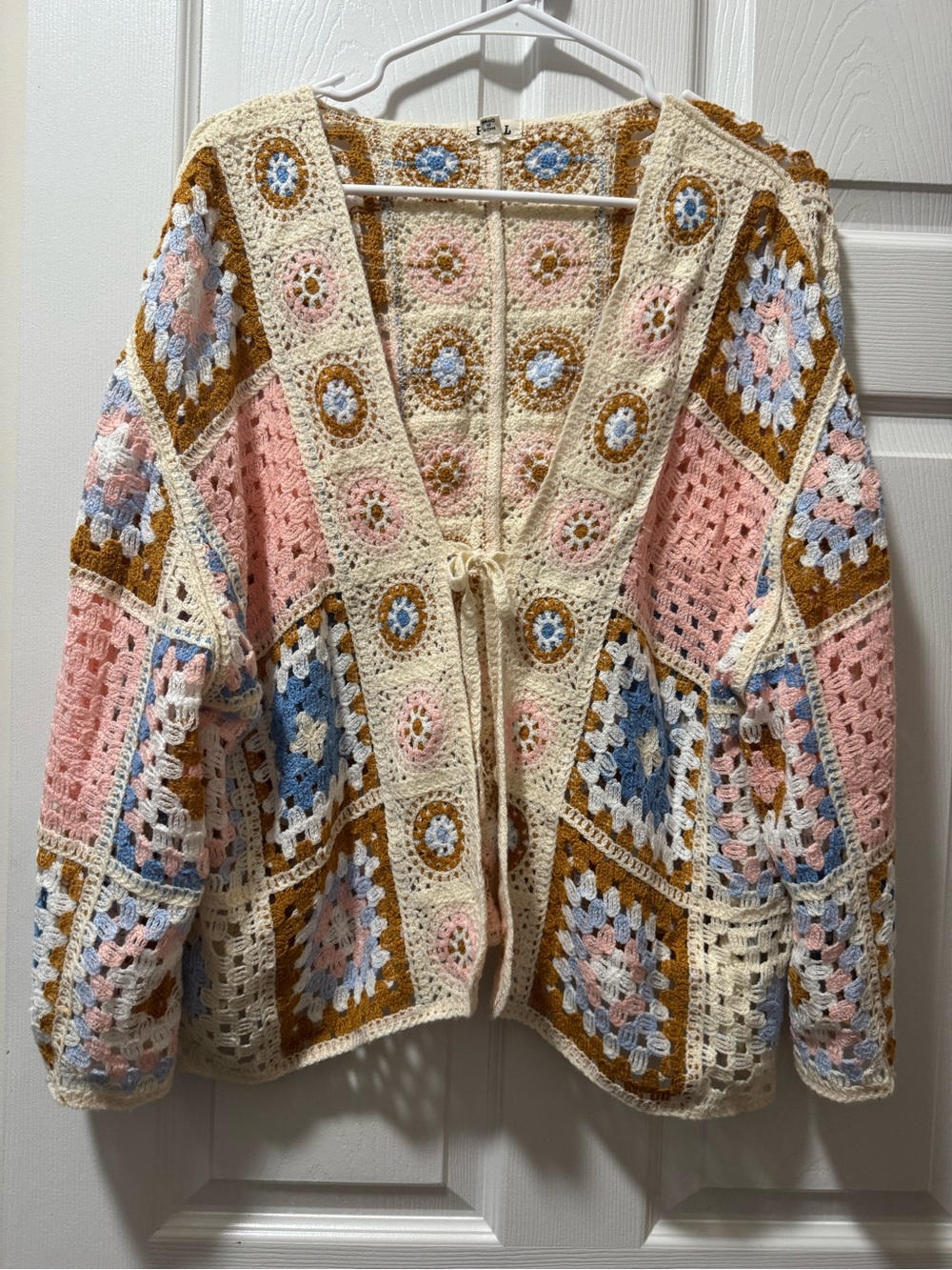 POL Crochet Patchwork Cardigan - Cream, Pink & Blue